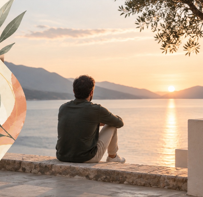 A man sitting quietly by the water at sunset
