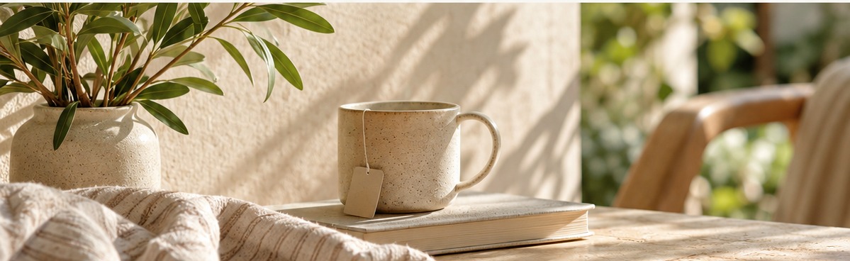 A warm sunlit table with a ceramic cup, book, linen and greenery